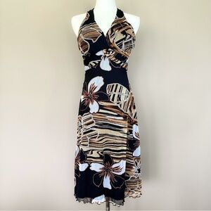 Vintage Cache Y2K 90’s Floral Halter Dress Women 6 Fairy Overlay Midi Party Blac
